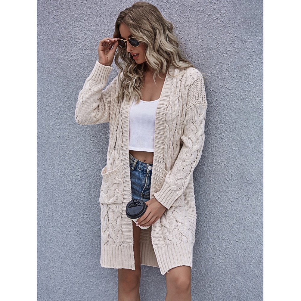 Cream Cable Knit Front Pocket Long Cardigan - Picture 6 of 12